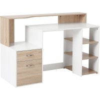 Bureau Informatique HOMCOM avec Rangements – Finition chêne et blanc