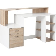 Bureau Informatique HOMCOM avec Rangements – Finition chêne et blanc
